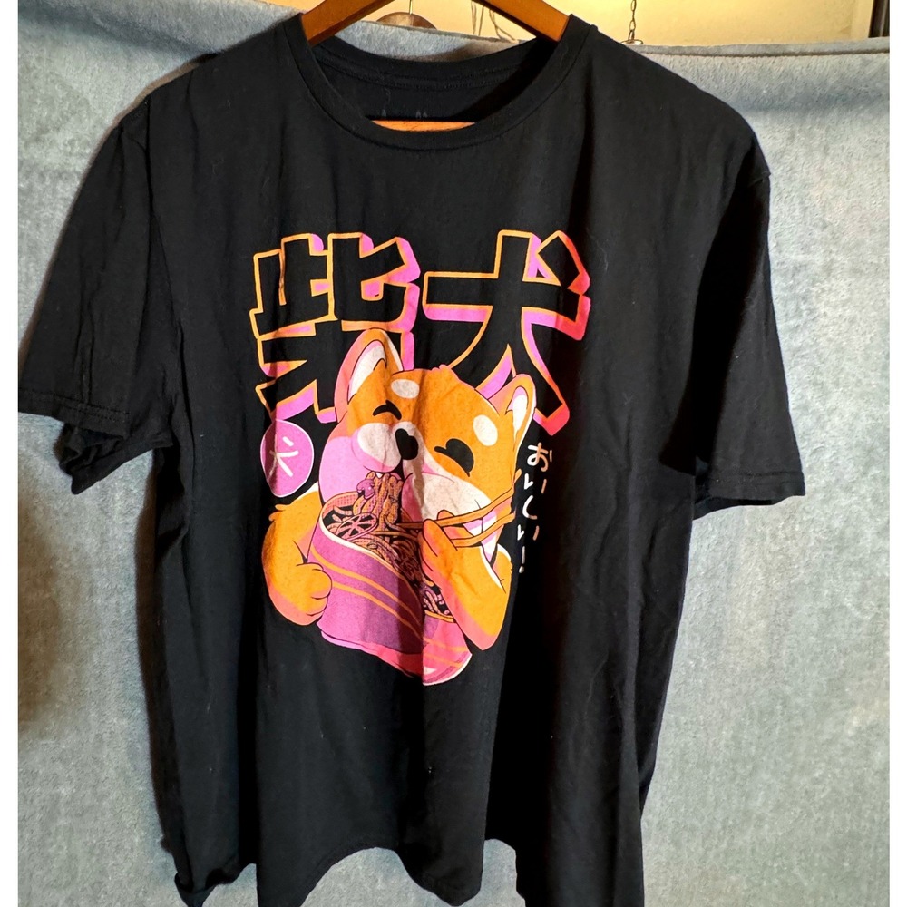 Shiba Inu Ramen Graphic T-Shirt Black Cotton Japanese Kanji Anime Dog Tee Large